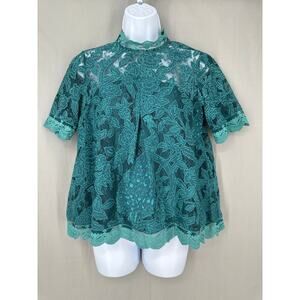 HD Paris Anthropologie Top Small Green Lace Cottage Peacock Boho Flowy Boxy